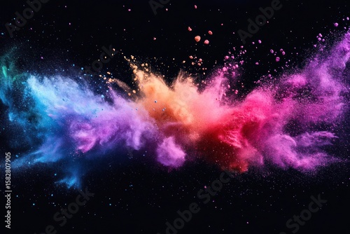 Artistic blast of color powder particles, isolated on black, intense saturation