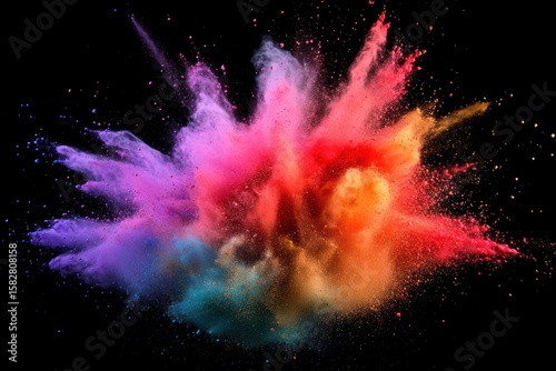 Artistic blast of color powder particles, isolated on black, intense saturation