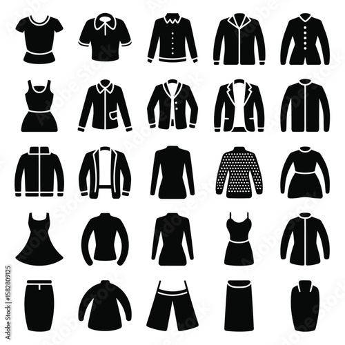 Collection of Twenty Seven Black Silhouettes of Womens and Mens Clothing Items Including Jackets Blazers Dresses Shirts Skirts and Tops on White Background