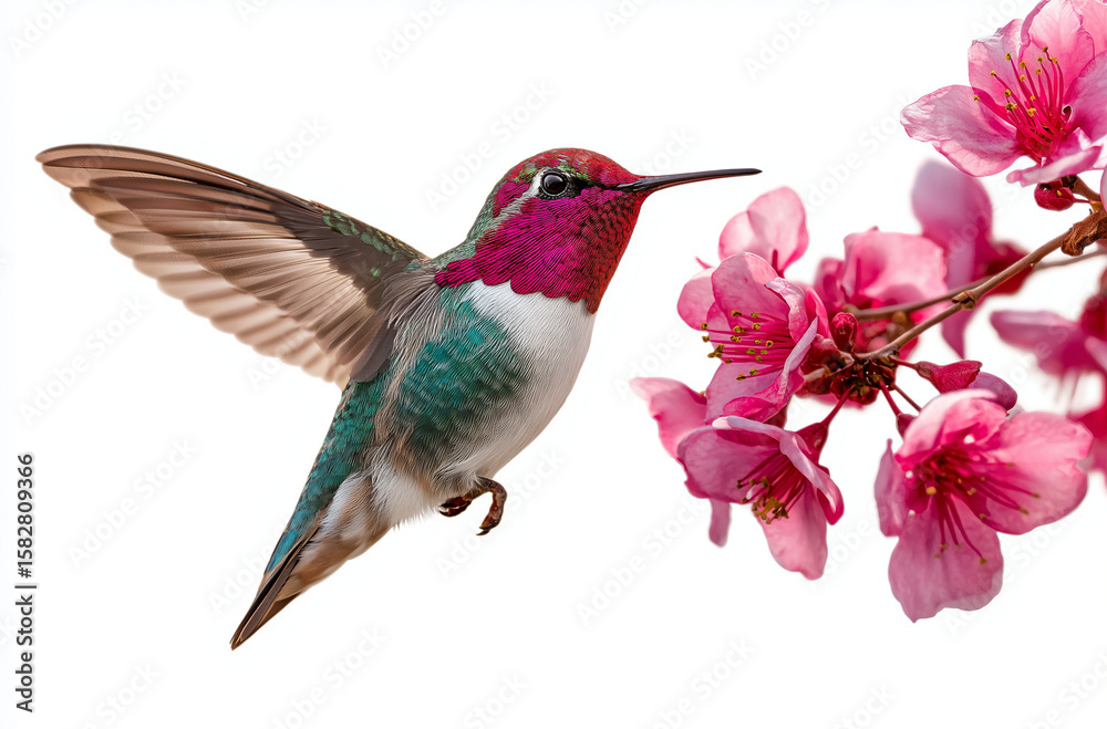 Fototapeta premium The hummingbird is hovering near the red flowers, sipping nectar from them against a green background