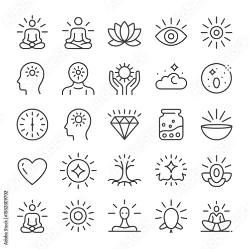 Collection of twentyfive minimalist black line icons depicting meditation spirituality enlightenment wellness selfcare concepts including lotus sun diamond heart clock symbols