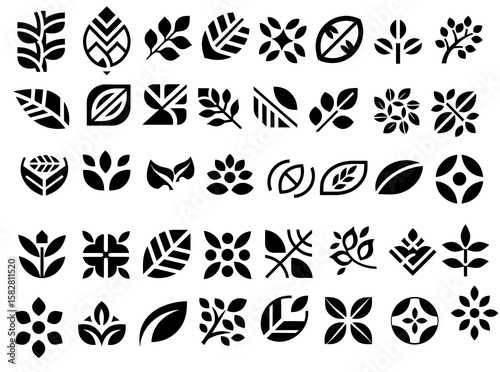 Collection of Black Leaf and Floral Icons