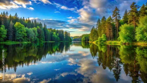 Serene lake surrounded by tall trees and vibrant greenery