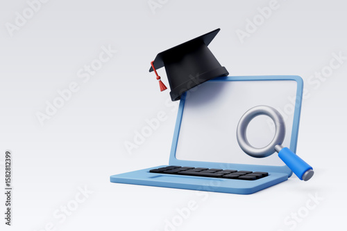 3d Vector Laptop, Graduation cap with magnifying glass, E-Learning and online education concept.