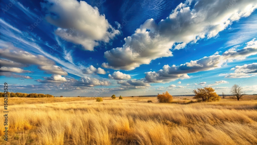 Fototapeta premium Dry grassland under clear blue sky with sweeping clouds