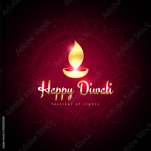 Happy diwali vector holiday greeting card. Diwali festive card with golden lamp symbol. Gold icon. Design template on dark red background with mandala. Vector illustration
