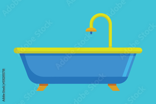 Vector art of a blue bathtub with a yellow trim and faucet on a teal background
