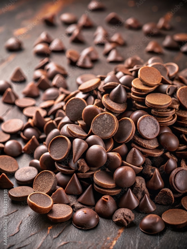 Naklejka premium Pile of assorted dark chocolate chips scattered on a surface