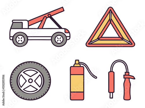 Car emergency kit and tow truck icons for roadside assistance