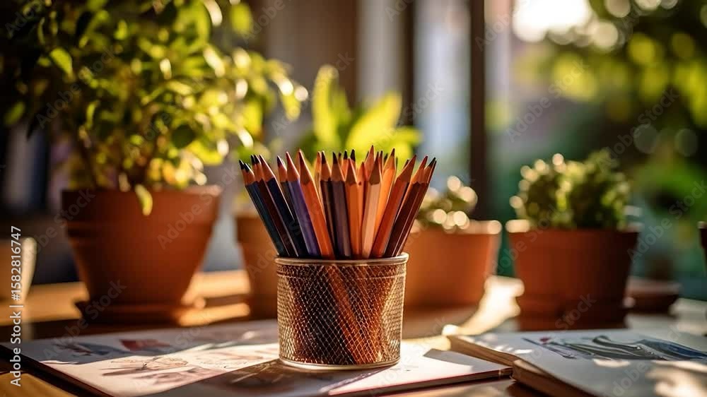 Pencils in a holder sit on a bright desk with plants, papers and books