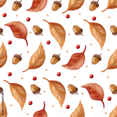 Seamless pattern with autumn leaves, acorns and rowan berries, painted in delicate watercolor style, perfect for seasonal designs, wrapping paper, fabric, invitations and fall decorations.