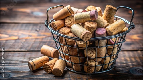 Old cork stoppers of French wines in a wire basket
