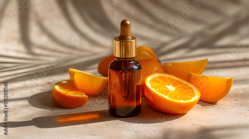 Amber dropper bottle of natural vitamin C serum with fresh orange slices on a sunny, textured background, ideal for skincare.
