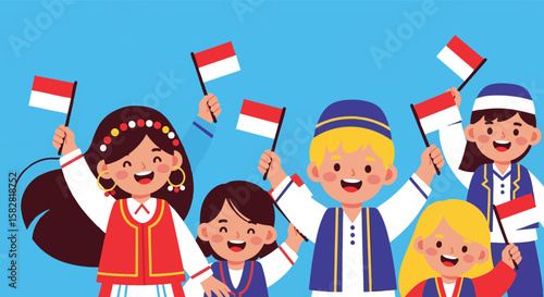 Happy Indonesian Children in Traditional Costumes Holding Flags