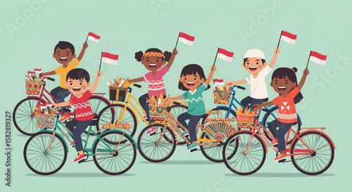 Happy Indonesian children riding decorated bicycles with flags