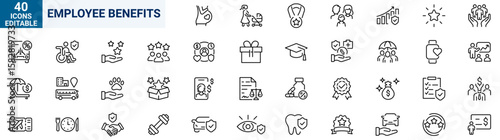 Employee benefit web line icons. Included icons as teamwork, insurance, paid Vacation, pension, social Security. Vector illustration. editable stroke