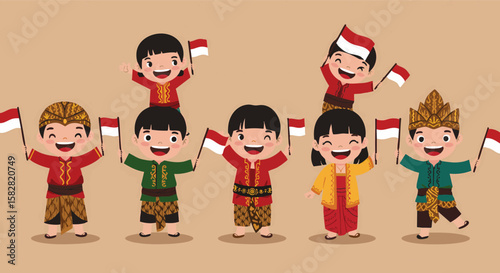 Indonesian Children in Traditional Clothes Celebrating Independence Day