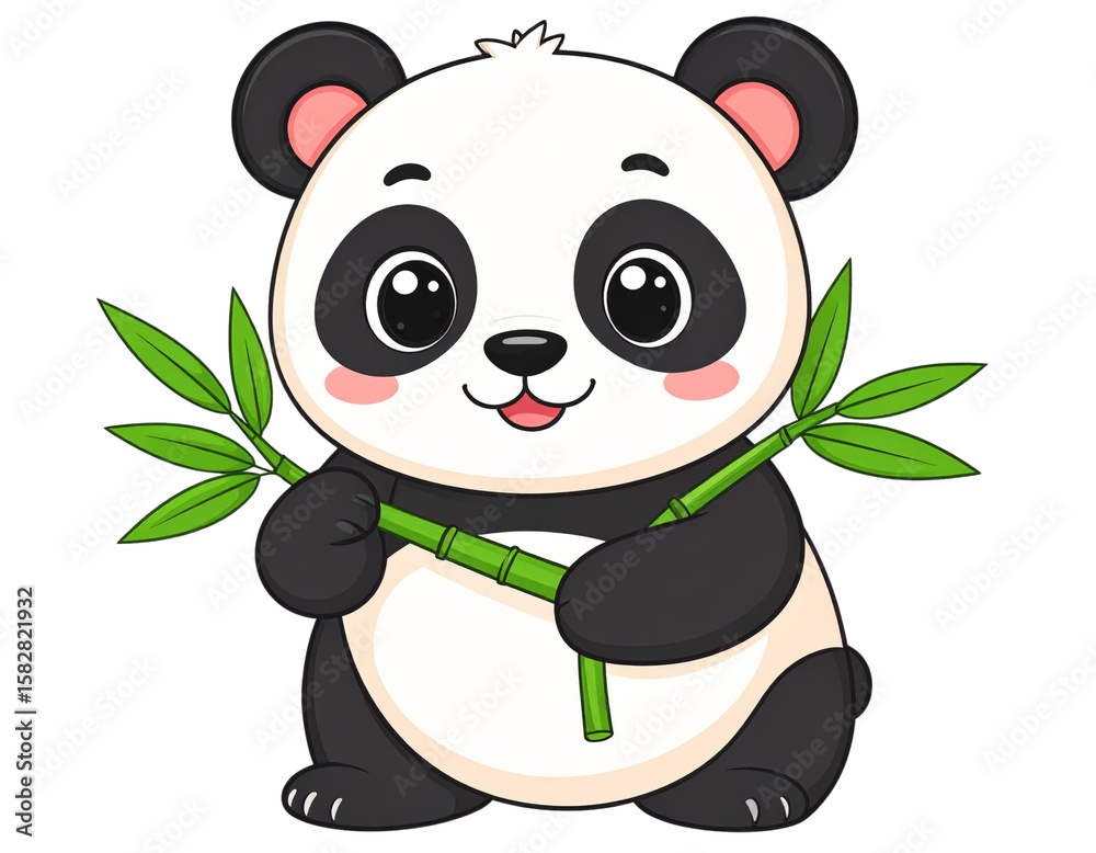 Obraz premium Kawaii Panda Eating Bamboo – Chibi Cartoon PNG 