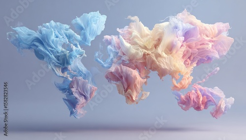 Global Fabric: World map silhouette artfully crafted from ethereal, flowing fabric, representing the interconnectedness of Earth. The artwork evokes themes of unity, fluidity, and artistic beauty.