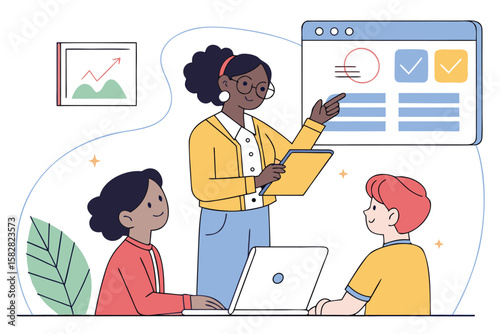 Teacher presenting to students with chart and laptop in a classroom setting illustration