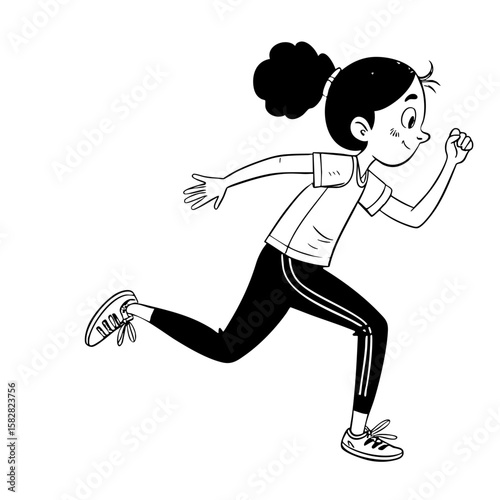 Girl Doing Warm-Up Exercise – Running in Place Illustration in Black on White Background