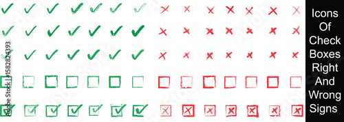 Check tick mark icon set. Cross box x check mark checkbox v list vector draw hand drawn brush marker checklist symbol wrong right Square Boxes. Vector Illustration