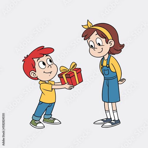 boy and girl with gift boxes  white background