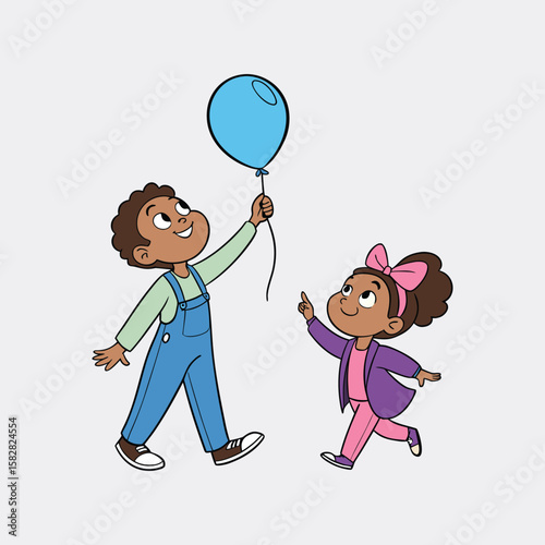 A happy girl and boy holding colorful balloons at a fun celebration white background