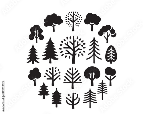 A stylized tree with green leaves and various objects on its branches in a minimalist design style