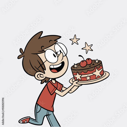 Cartoon boy eating birthday cake with boy in aillustration