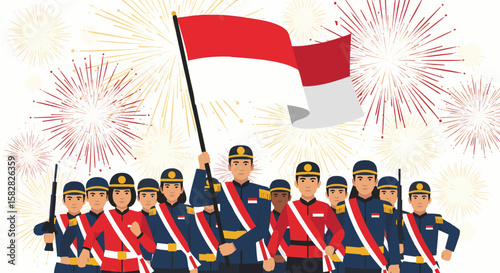Indonesian Flag Hoisting Troop with Fireworks Celebration