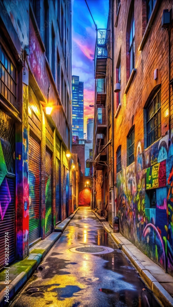 Fototapeta premium Vibrant urban scene with colorful graffiti alleyway at dusk