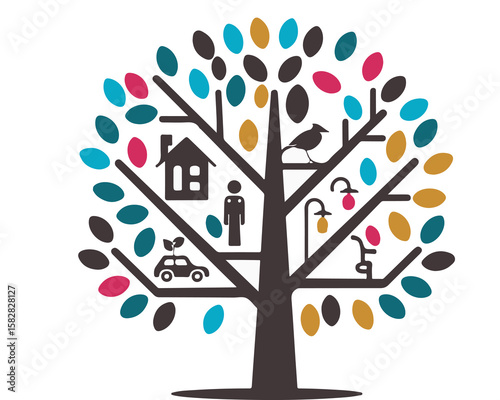 A stylized tree with colorful leaves and symbolic icons representing various aspects of life and nature