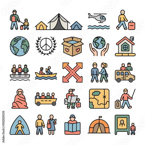 Colorful Refugee Crisis Icon Set depicting Migration Travel Shelter Aid Peace Global World Map Boat People Family Tent Helicopter Humanitarian Aid Crossing Roads