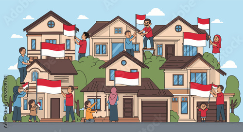 Indonesian neighbors raising flags to celebrate Independence Day