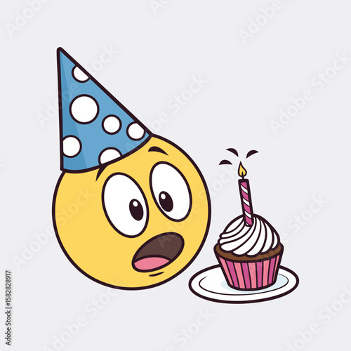 Surprised Emoji Birthday Celebration: An animated emoji wearing a party hat gazes in amazement at a cupcake with a lit candle, perfectly capturing the anticipation of a birthday surprise.