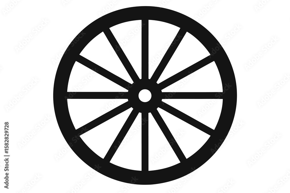 Fototapeta premium Vector art of a black wagon wheel with many spokes isolated on white