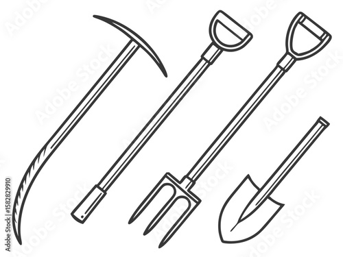 Collection of hand drawn garden tools including a pickaxe shovel and pitchfork