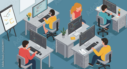 Isometric illustration of a modern tech office environment where a diverse team of software developers and programmers are actively engaged in coding.