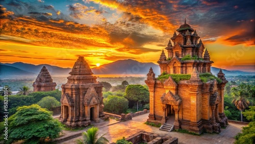 Vibrant orange hues at sunset over the ancient Po Nagar Cham Towers in Da Nang Vietnam