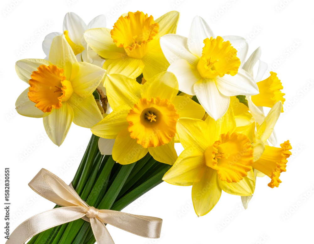 Obraz premium Bunch of Fresh White and Yellow Daffodils Tied with Ribbon – Diagonal Floral Arrangement, Transparent Background
