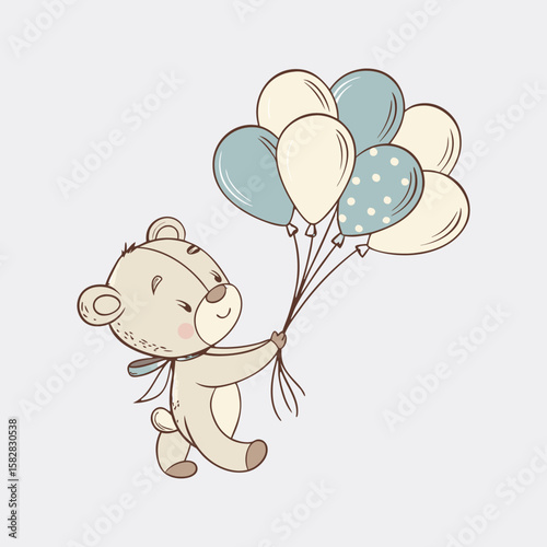 Cute Teddy Bear with Balloons: An adorable teddy bear, light brown in color, happily holds a bunch of pastel-colored balloons. The illustration features a charming and heartwarming design.