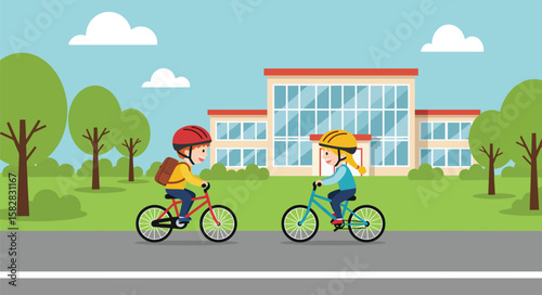 Joyful Childhood Kids Cycling to School on a Bright Day – Promoting Active Lifestyles and Safe Commuting