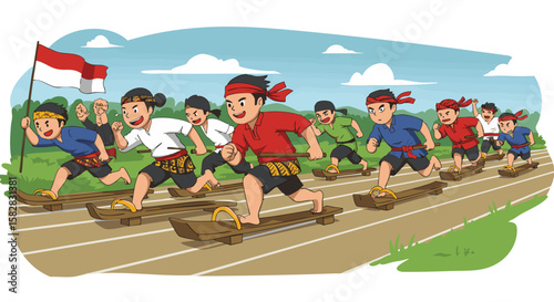 Indonesian Traditional Long Wooden Ski Race Competition