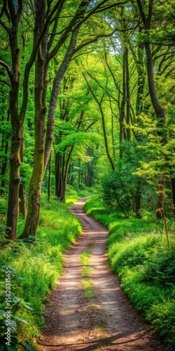 A winding dirt path cuts through lush greenery and dense foliage in a forest clearing