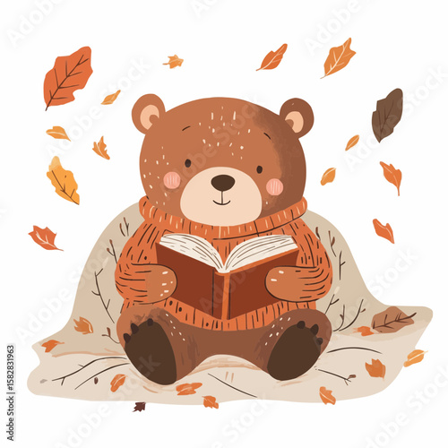 Flat cartoon bear in a warm sweater under a blanket, calmly reading a book, ideal for printable bookmarks, fall-themed reading decor, or seasonal learning visuals