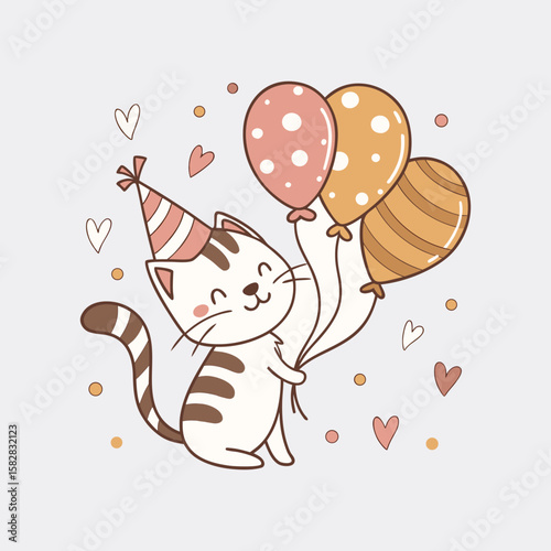 Cheerful Cat's Celebration: This heartwarming illustration captures the essence of joy with a festive kitten, adorned with a party hat, happily clutching colorful balloons.