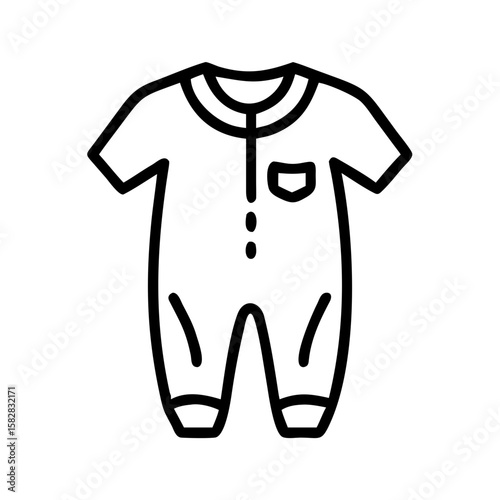 Minimalist black outline vector icon of a newborn jumpsuit, symbolizing baby clothing, warmth, and infant care. Isolated on a transparent background