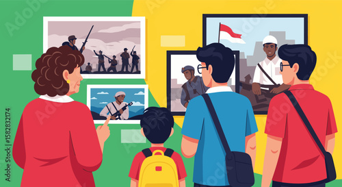Indonesian Family Learning Independence History at War Photo Exhibition