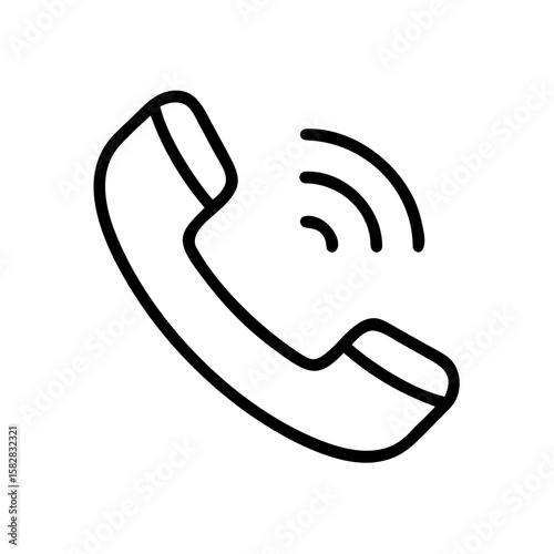 Minimalist black outline vector icon of a telephone handset with signal waves, symbolizing phone calls and communication. Isolated on a transparent background